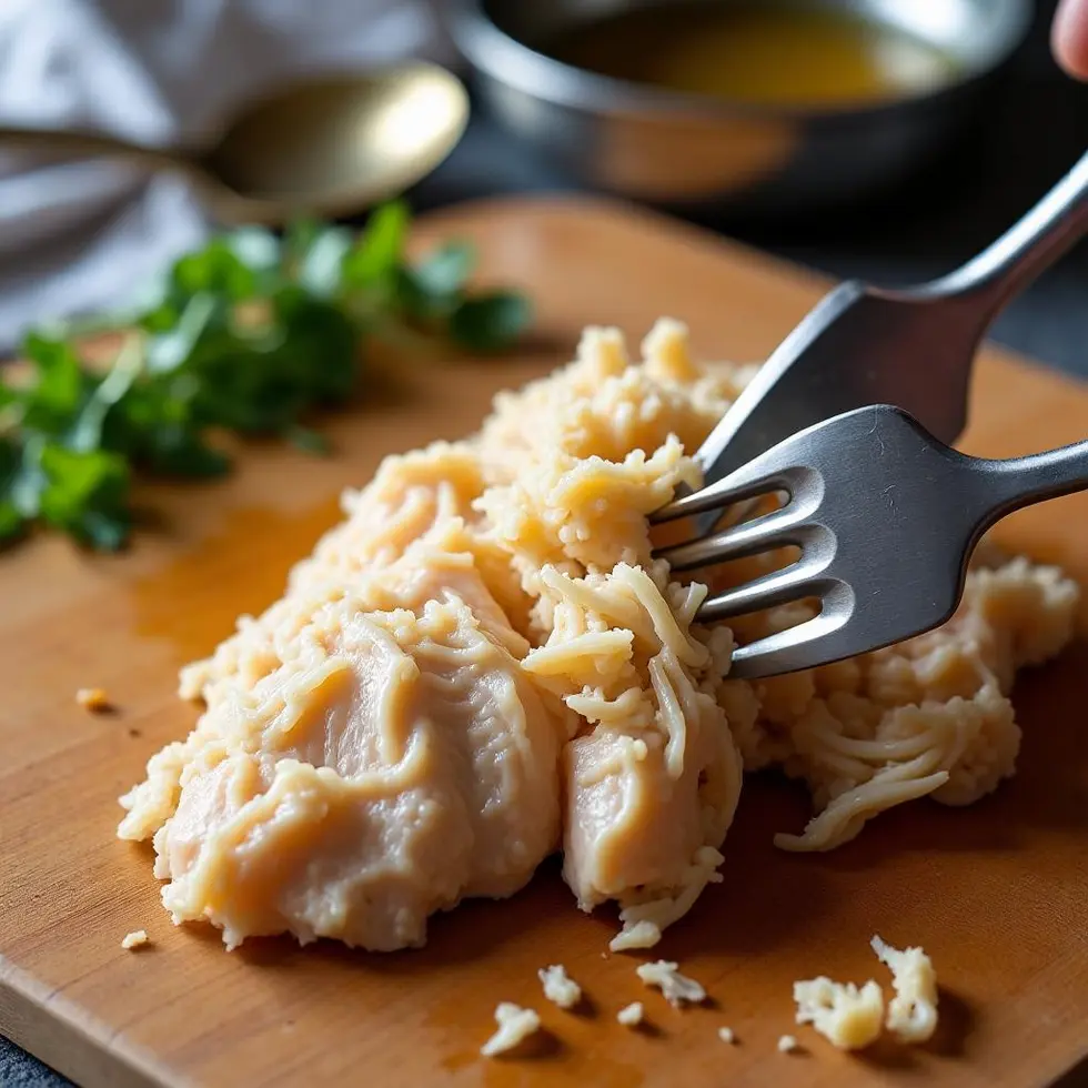 Two forks pulling apart cooked chicken breast into shreds on a cutting board
