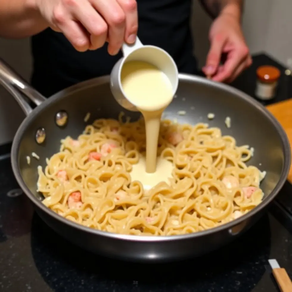 Pouring cream sauce over fettuccine and shrimp in a skillet during cooking