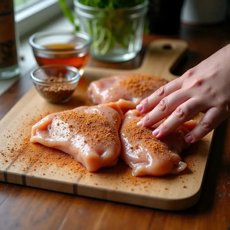 Raw chicken thighs being rubbed with olive oil and spices on a wooden board