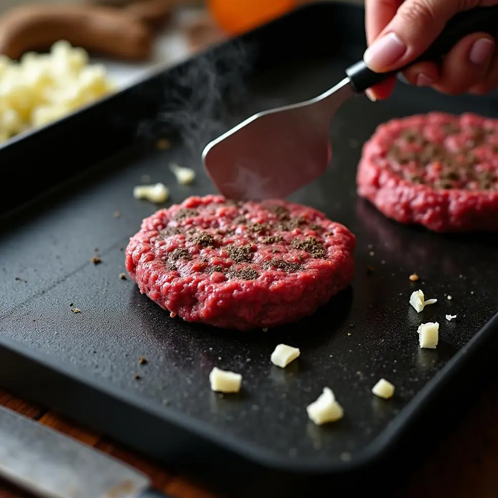 Beef patty being smashed flat on a hot griddle with a metal spatula