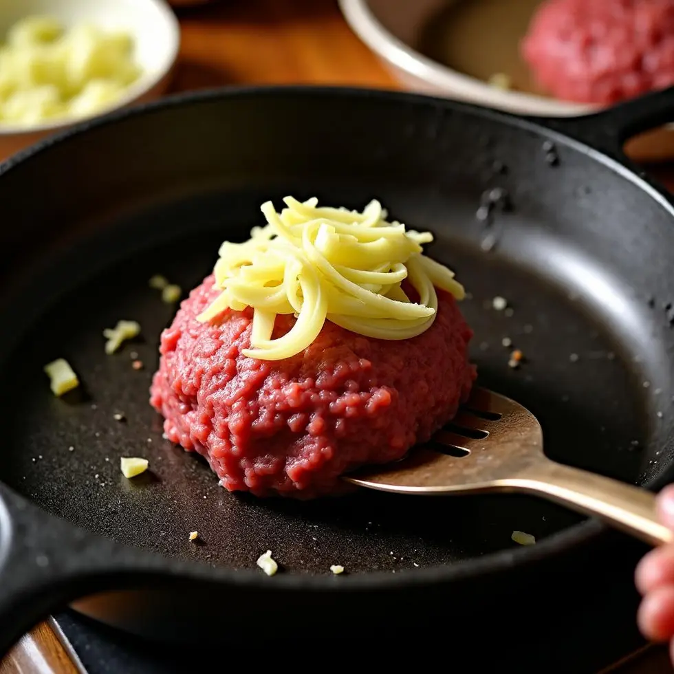 Ground beef topped with sliced onions being pressed flat on a hot griddle with a spatula