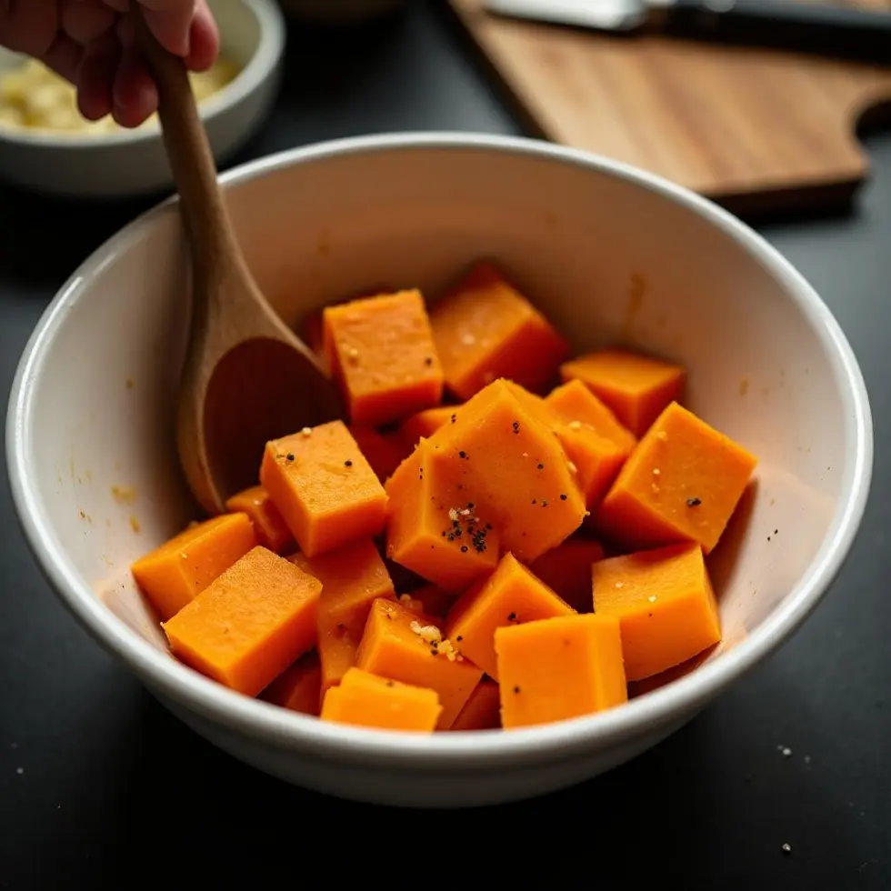 Raw sweet potato cubes being tossed with olive oil and smoked paprika in a mixing bowl