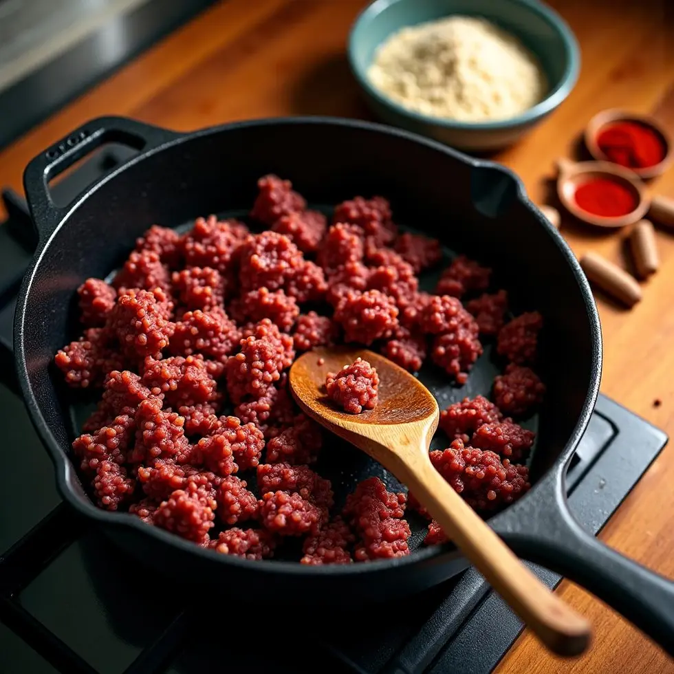 Ground beef browning in a skillet with spices nearby on the counter