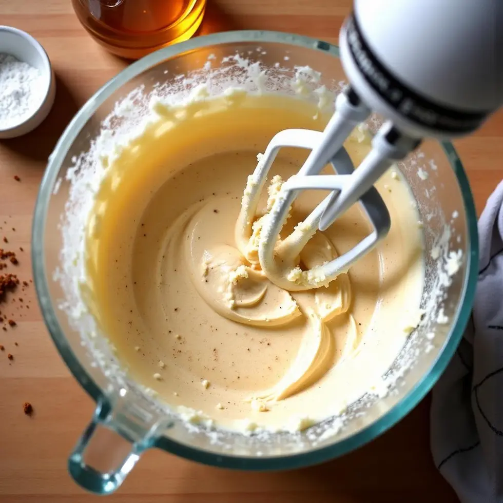 Mixing bowl with fluffy honey butter being whipped, honey and powdered sugar beside it