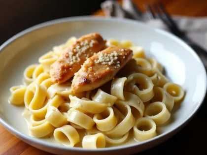 Creamy chicken alfredo with fettuccine in a white bowl, ivory Parmesan sauce coating pasta and golden chicken strips