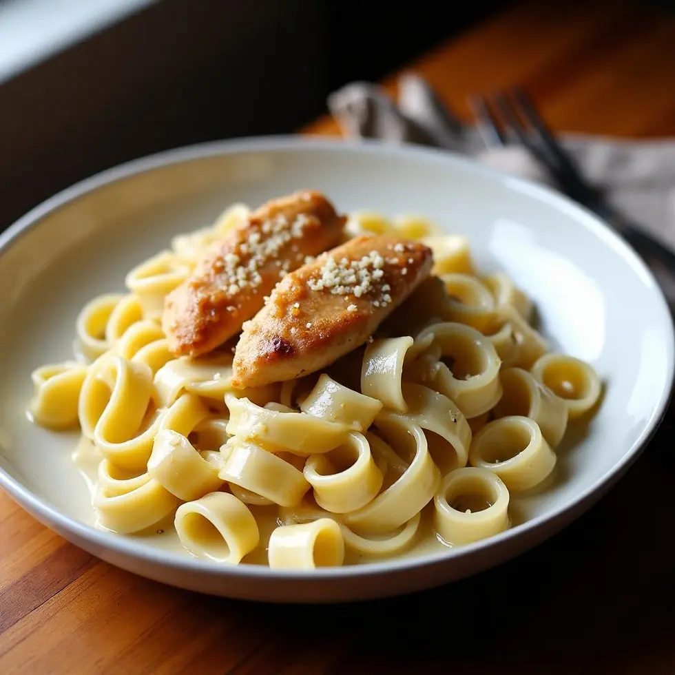 Creamy chicken alfredo with fettuccine in a white bowl, ivory Parmesan sauce coating pasta and golden chicken strips — olive garden chicken alfredo copycat