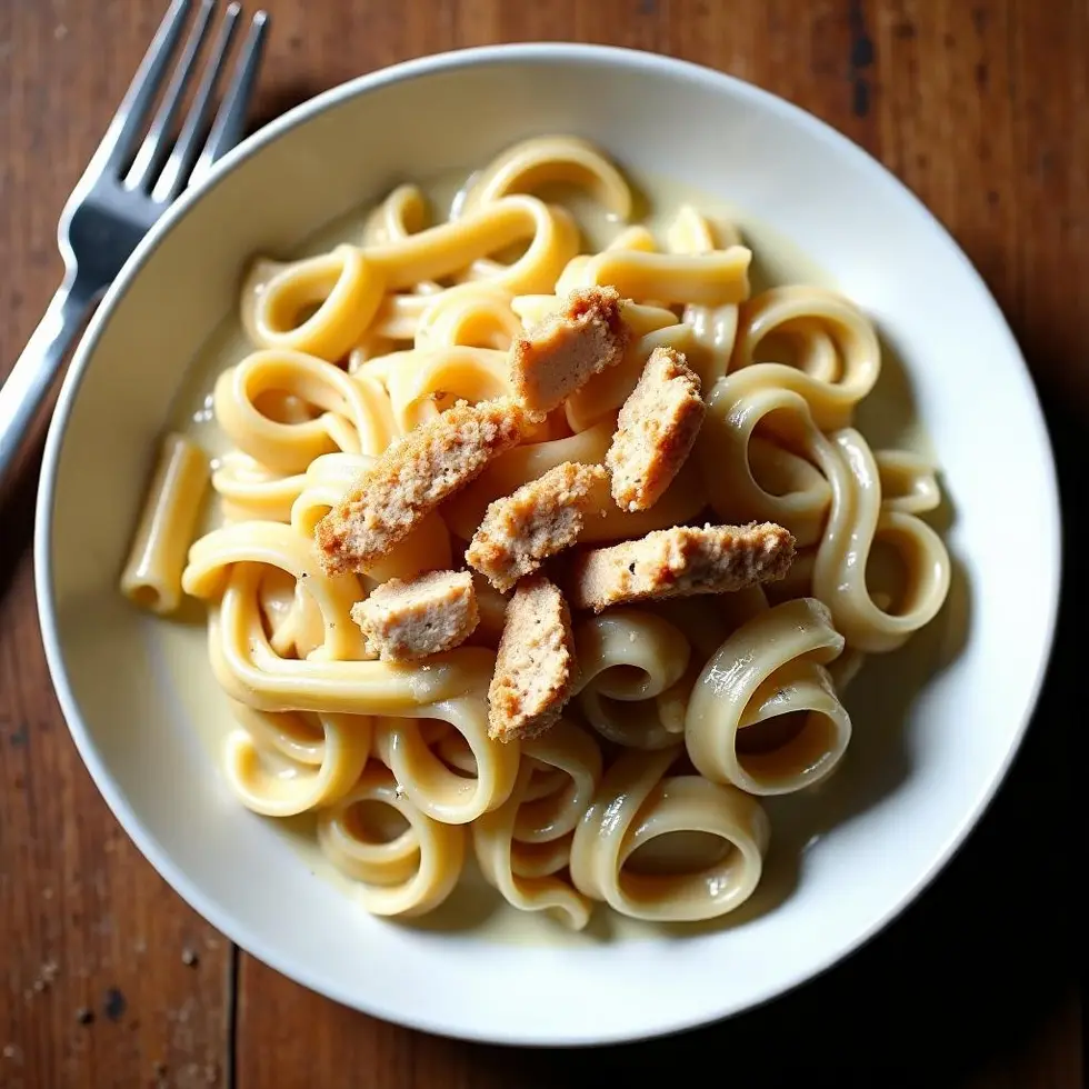 Overhead view of plated chicken fettuccine alfredo, fork resting on wooden table beside the bowl