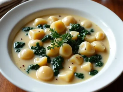 Creamy chicken and gnocchi soup in a white bowl with tender chicken cubes, soft gnocchi, and wilted spinach