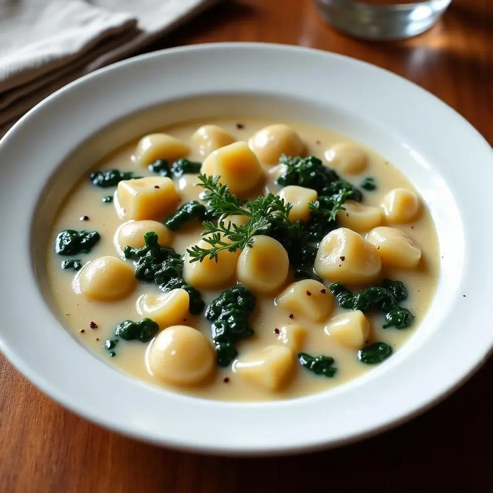 Creamy chicken and gnocchi soup in a white bowl with tender chicken cubes, soft gnocchi, and wilted spinach — olive garden chicken and gnocchi recipe