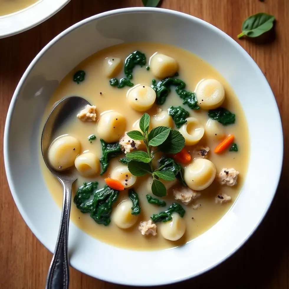 Overhead view of the soup showing chicken, gnocchi, and spinach distributed in ivory broth with a spoon