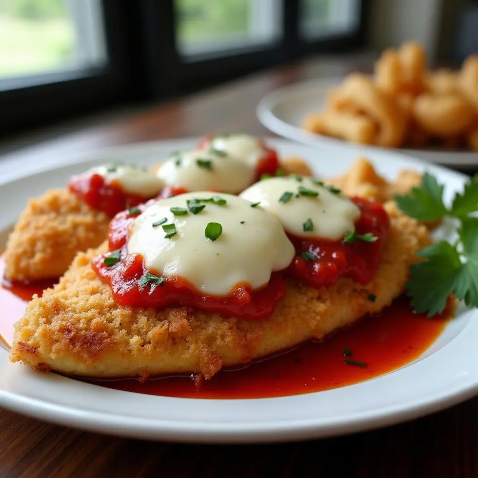 Sliced parmesan chicken showing juicy interior, served with pasta