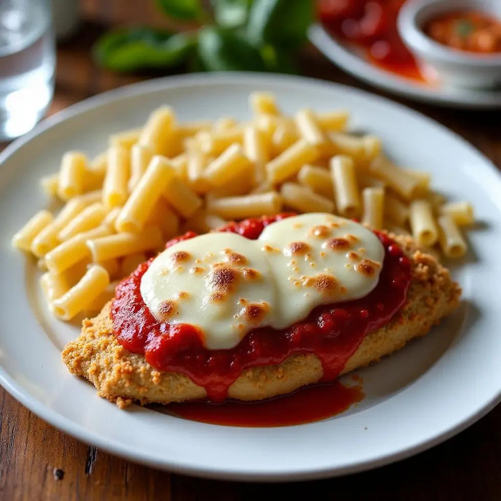Breaded parmesan chicken served with pasta on a dinner plate