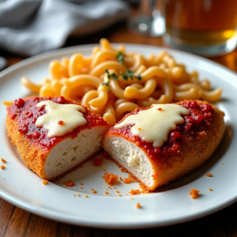 Hand coating raw chicken breast in breadcrumb and Parmesan mixture