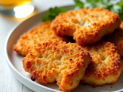 Golden crispy panko breaded chicken cutlets on a white plate with uneven air fryer browning