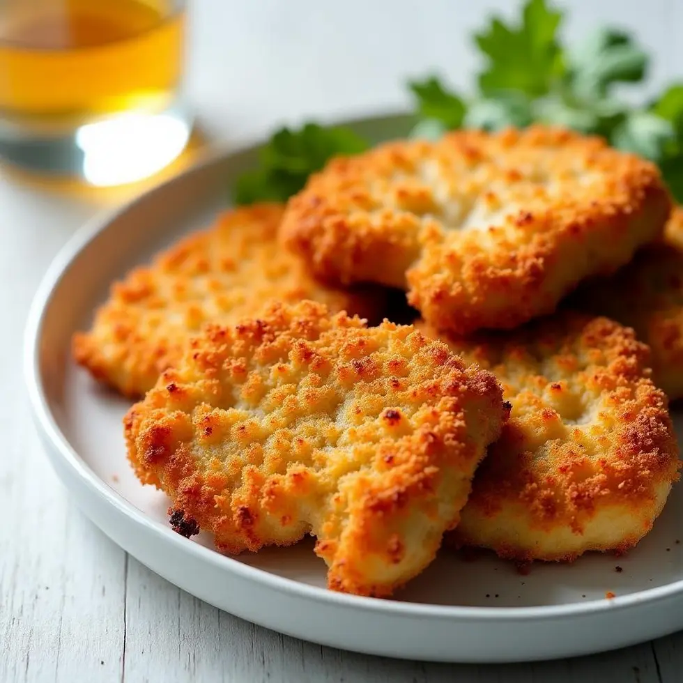 Golden crispy panko breaded chicken cutlets on a white plate with uneven air fryer browning — panko chicken air fryer