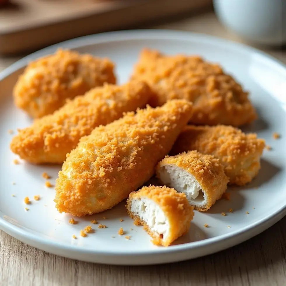 Sliced panko chicken cutlet showing juicy white interior and crunchy golden coating
