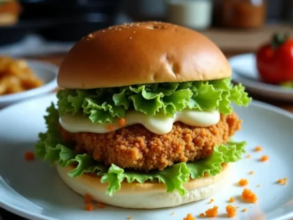 Crispy chicken sandwich with golden panko coating, lettuce and mayo on a soft bun