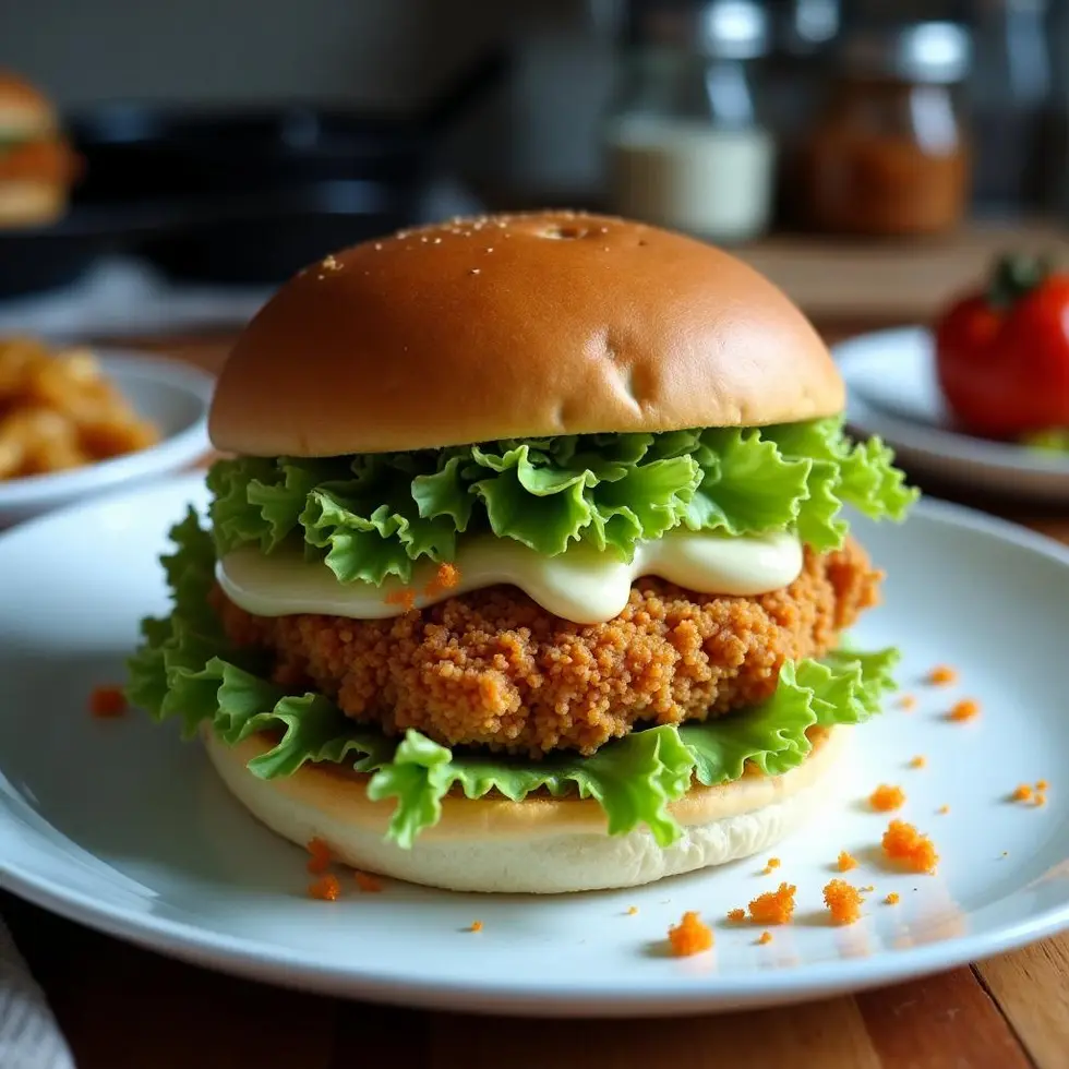 Crispy chicken sandwich with golden panko coating, lettuce and mayo on a soft bun