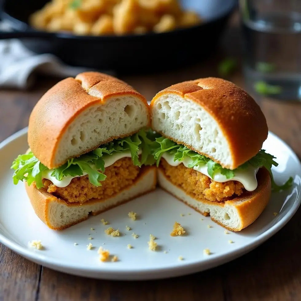 Sandwich cut in half showing breaded chicken, lettuce and mayo layers inside