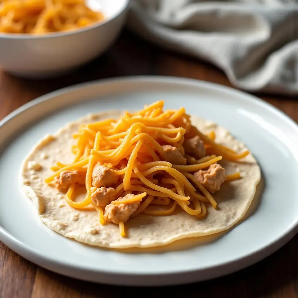 Shredded chicken piled in a soft tortilla as taco filling on a white plate