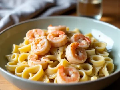 Shrimp Alfredo in a shallow bowl with creamy sauce coating fettuccine and pink shrimp