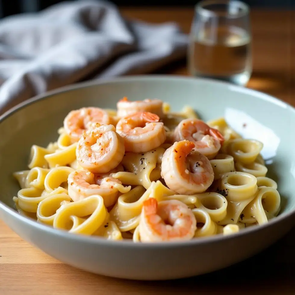 Shrimp Alfredo in a shallow bowl with creamy sauce coating fettuccine and pink shrimp — simple shrimp alfredo recipe
