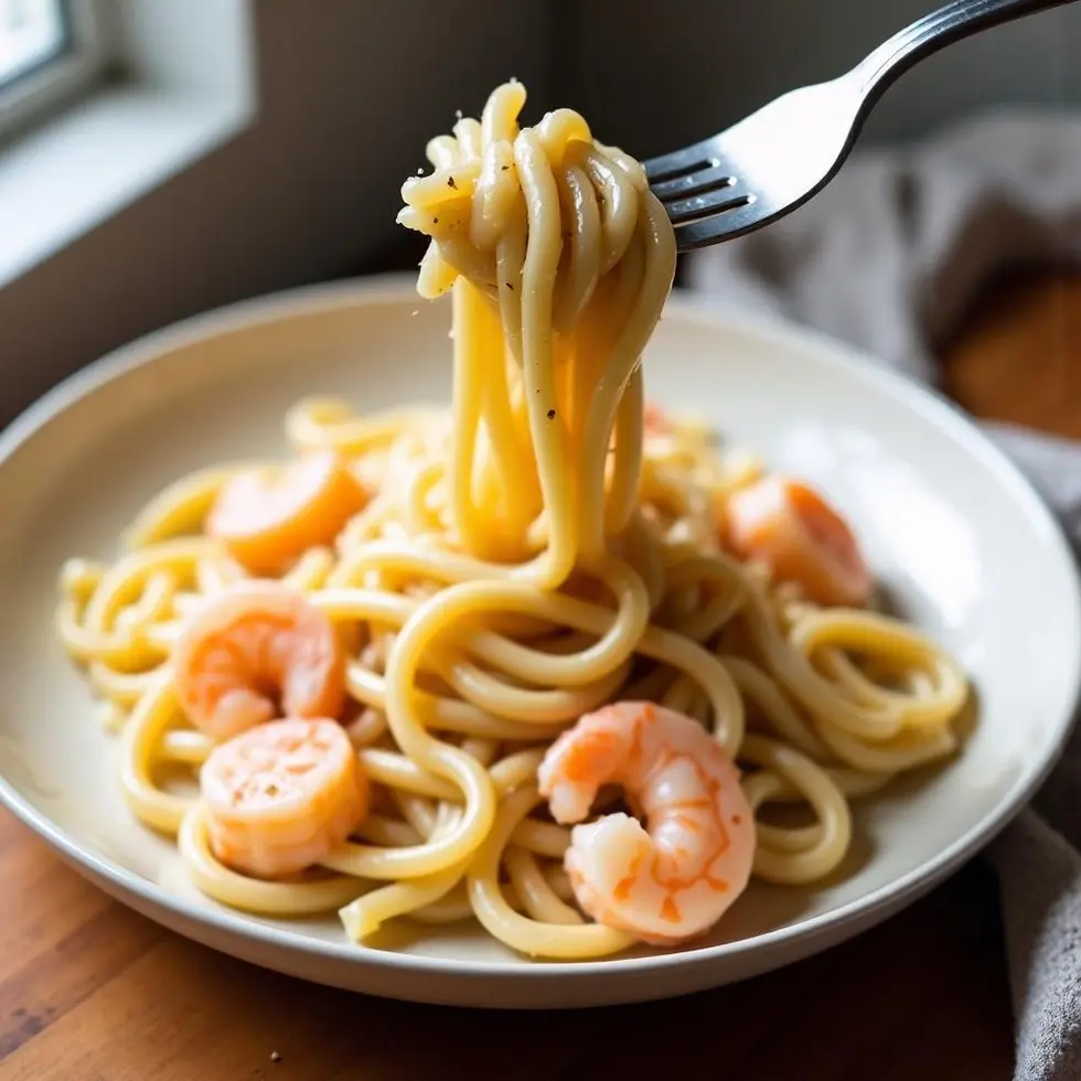 Fork lifting creamy pasta strands with sauce dripping back into the bowl