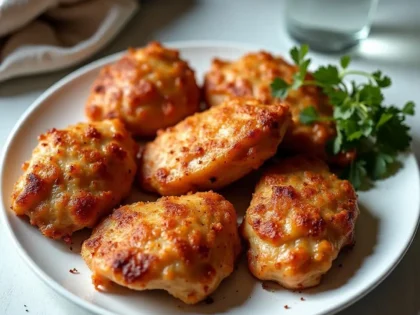 Golden brown air fryer chicken thighs with crispy edges on a white plate