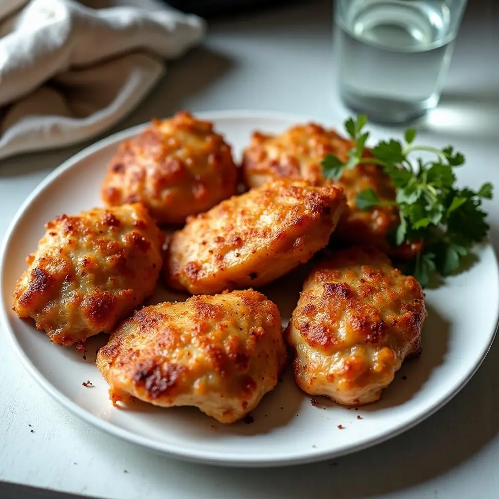 Golden brown air fryer chicken thighs with crispy edges on a white plate