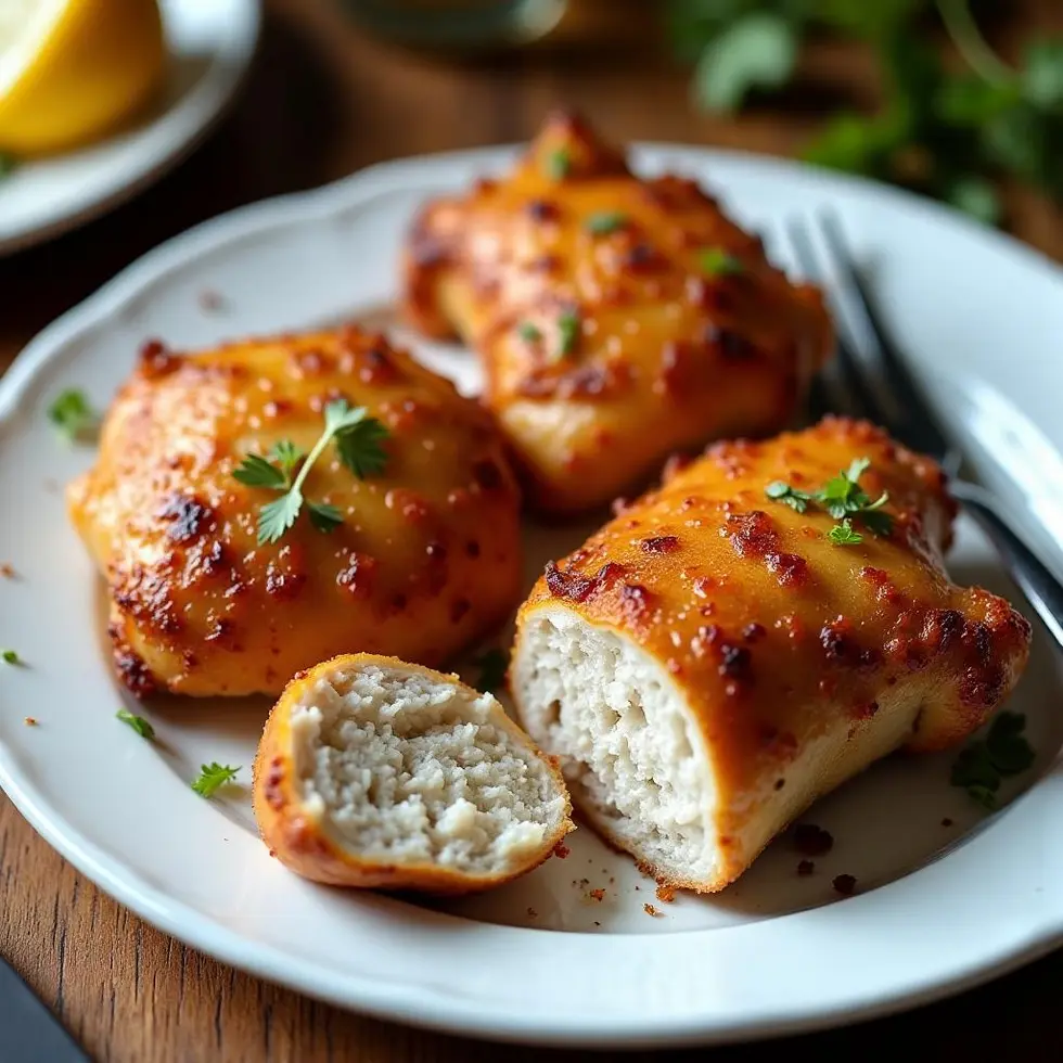 Sliced air fryer chicken thigh showing juicy interior with a fork
