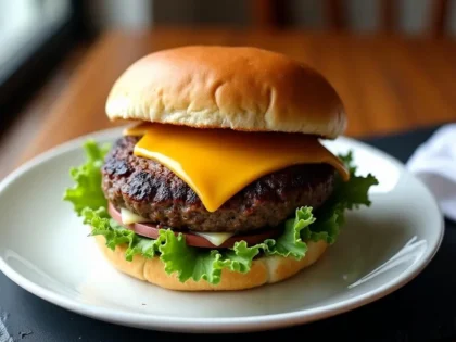 Smash burger with crispy edges, melted cheese, and toasted bun on a white plate