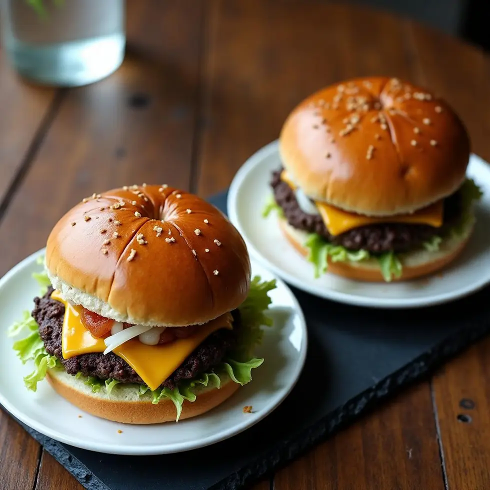 Two plated smash burgers showing layered structure with cheese and toppings