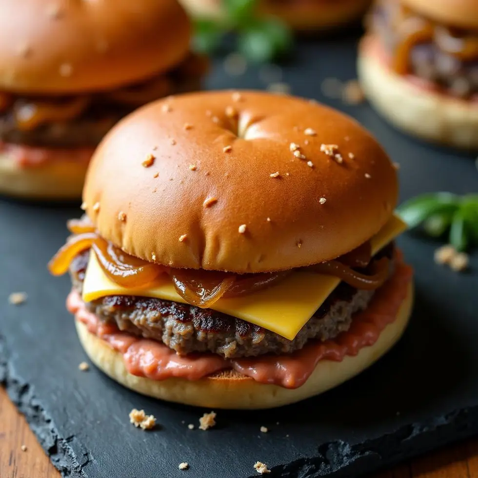 Cross-section showing crispy beef patty with onions, cheese layer, and sauce on toasted bun