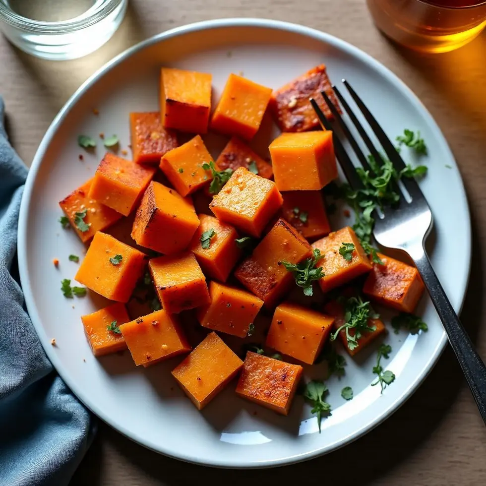 Crispy sweet potato cubes served as a side dish on a dinner plate with fork