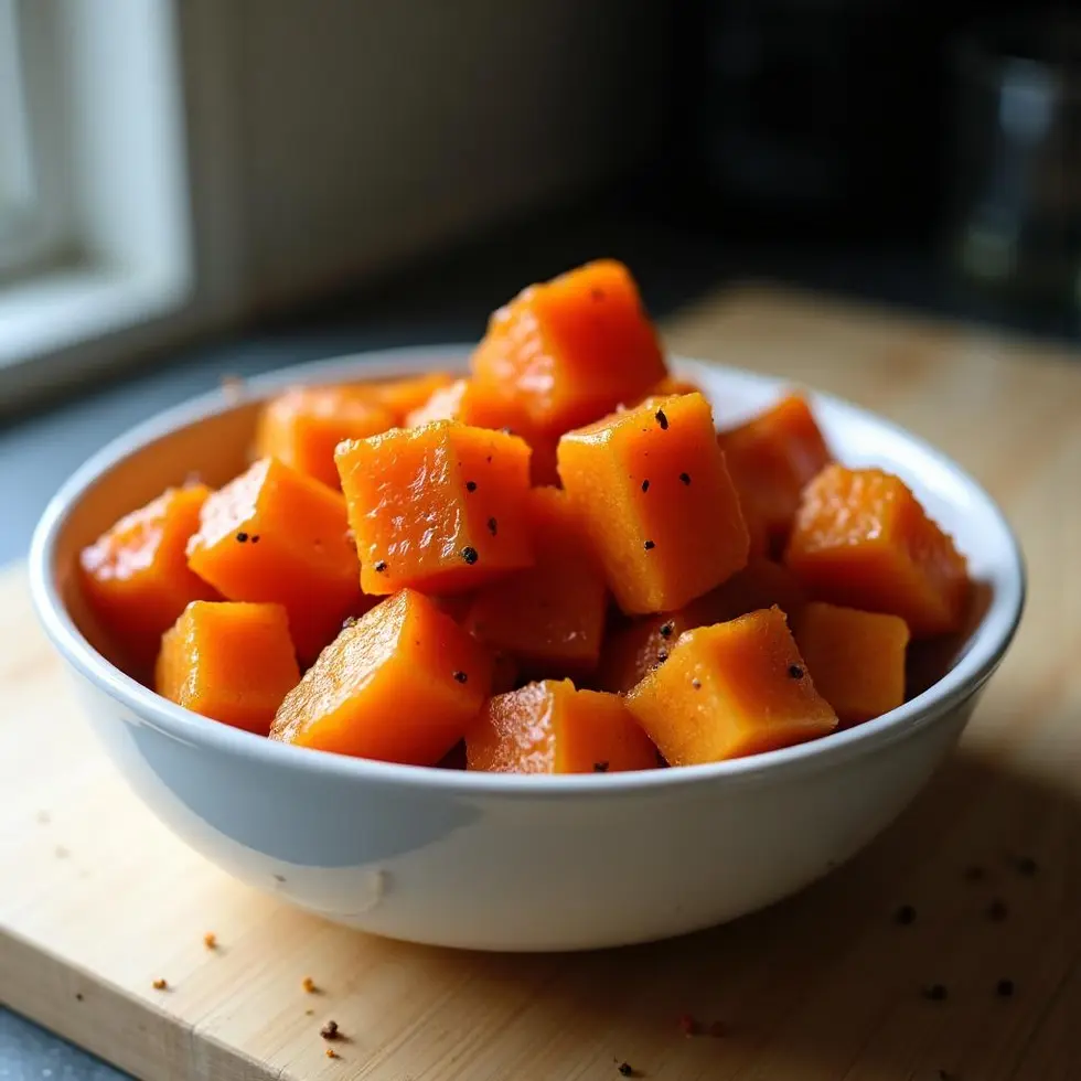 Golden air fryer sweet potato cubes with crispy edges in a white bowl on wooden board