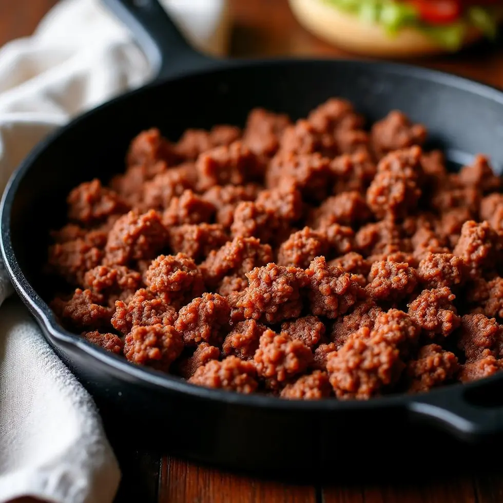Seasoned taco meat in a black skillet, finely crumbled and coated with spices