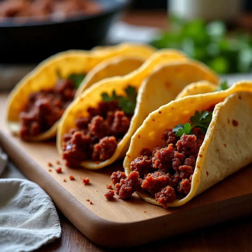 Soft tacos filled with seasoned beef on a wooden board