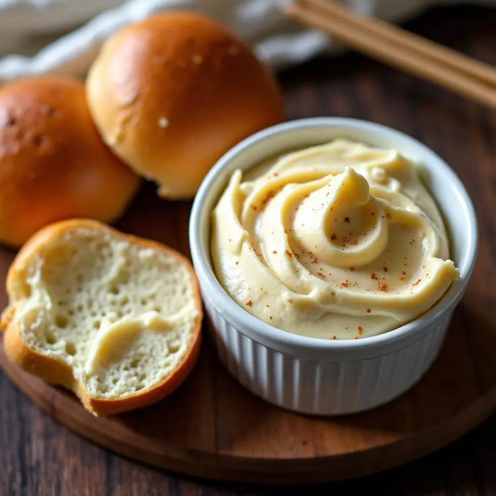 Whipped cinnamon honey butter in a white ramekin with warm dinner rolls on a wooden board
