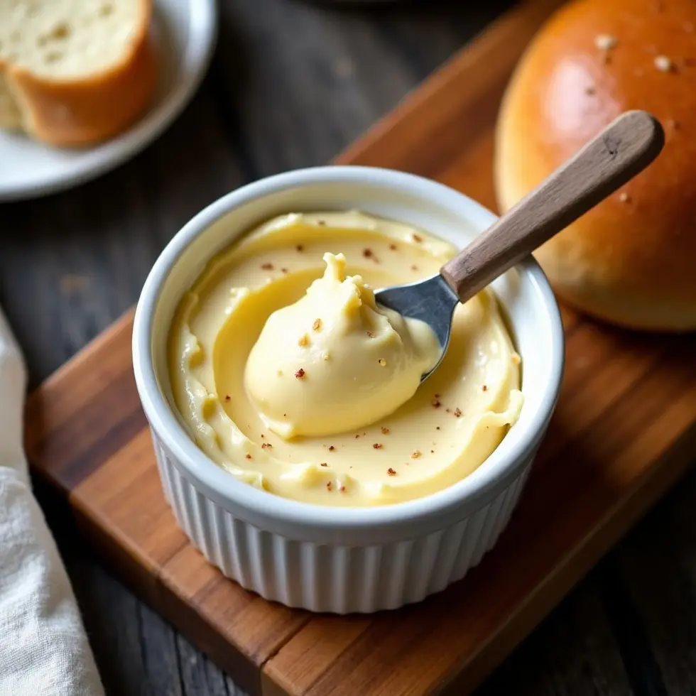 Butter knife spreading the whipped mixture onto a torn warm roll