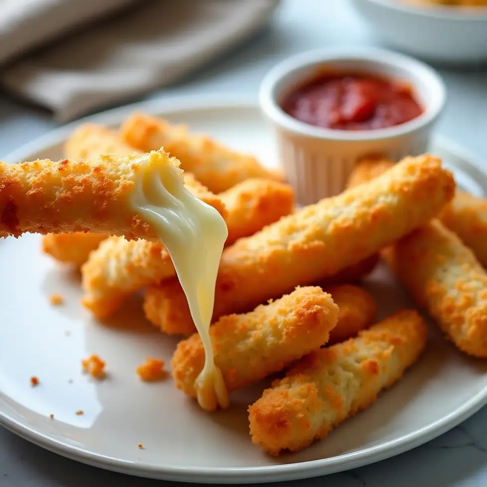 Crispy cheese stick held up showing stretchy melted mozzarella cheese pull with marinara sauce