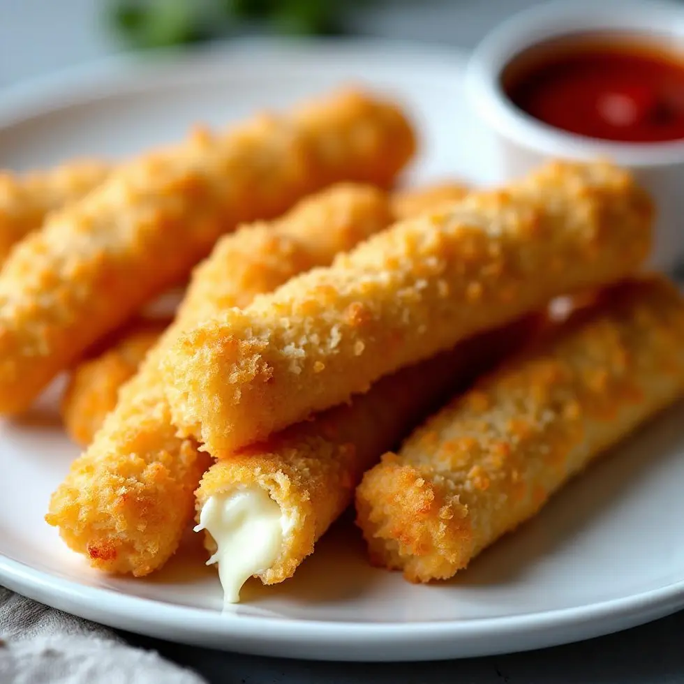 Golden brown air fryer cheese sticks on a white plate with one broken open showing melted mozzarella