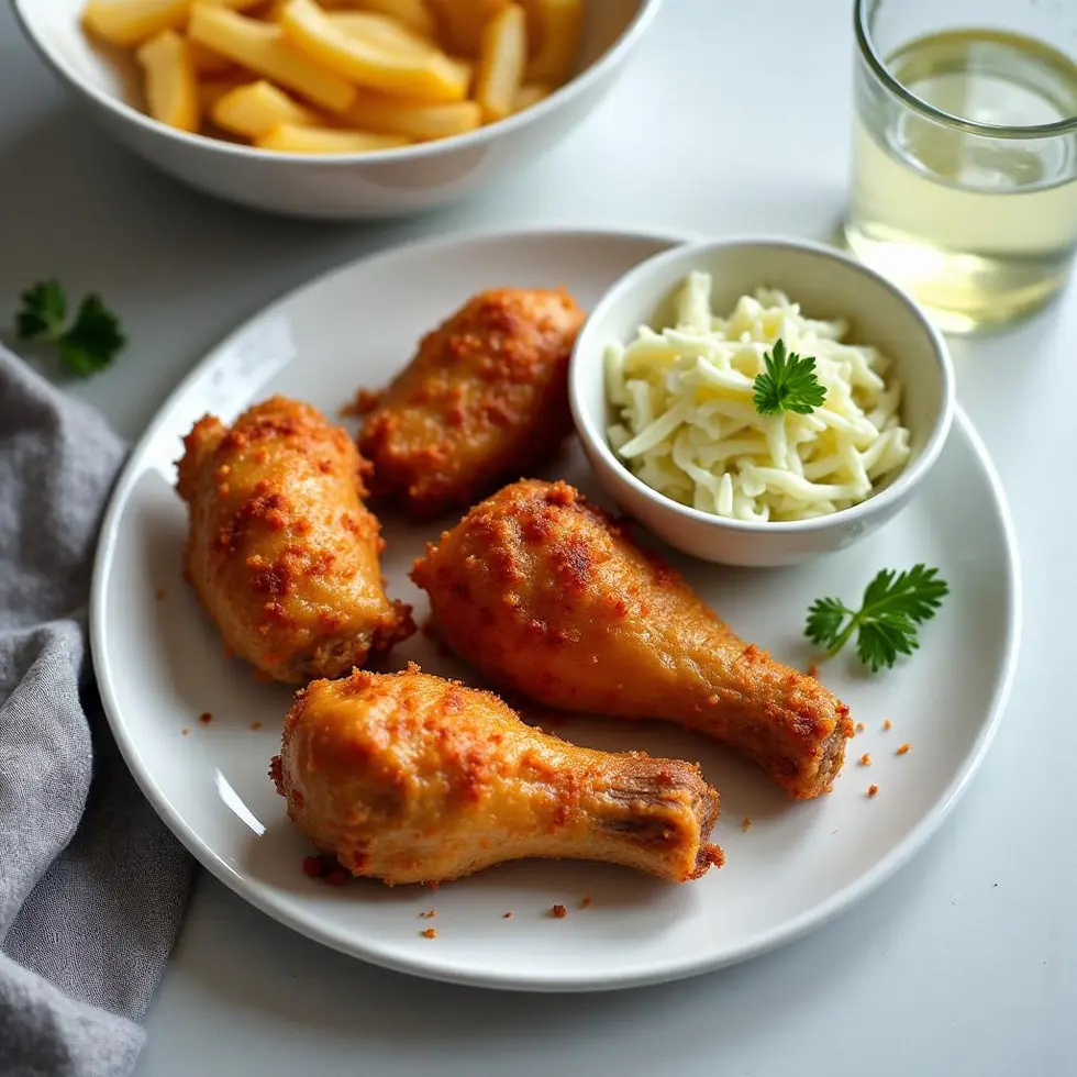 Crispy drumsticks served with simple coleslaw in a casual home setting