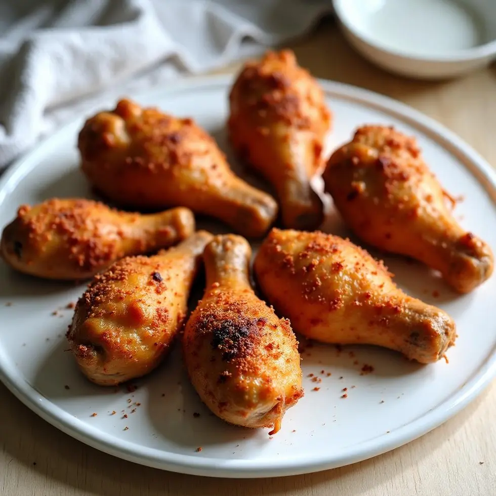 Golden brown air fryer drumsticks with crispy paprika-spiced skin on a white plate — air fryer drumstick recipe
