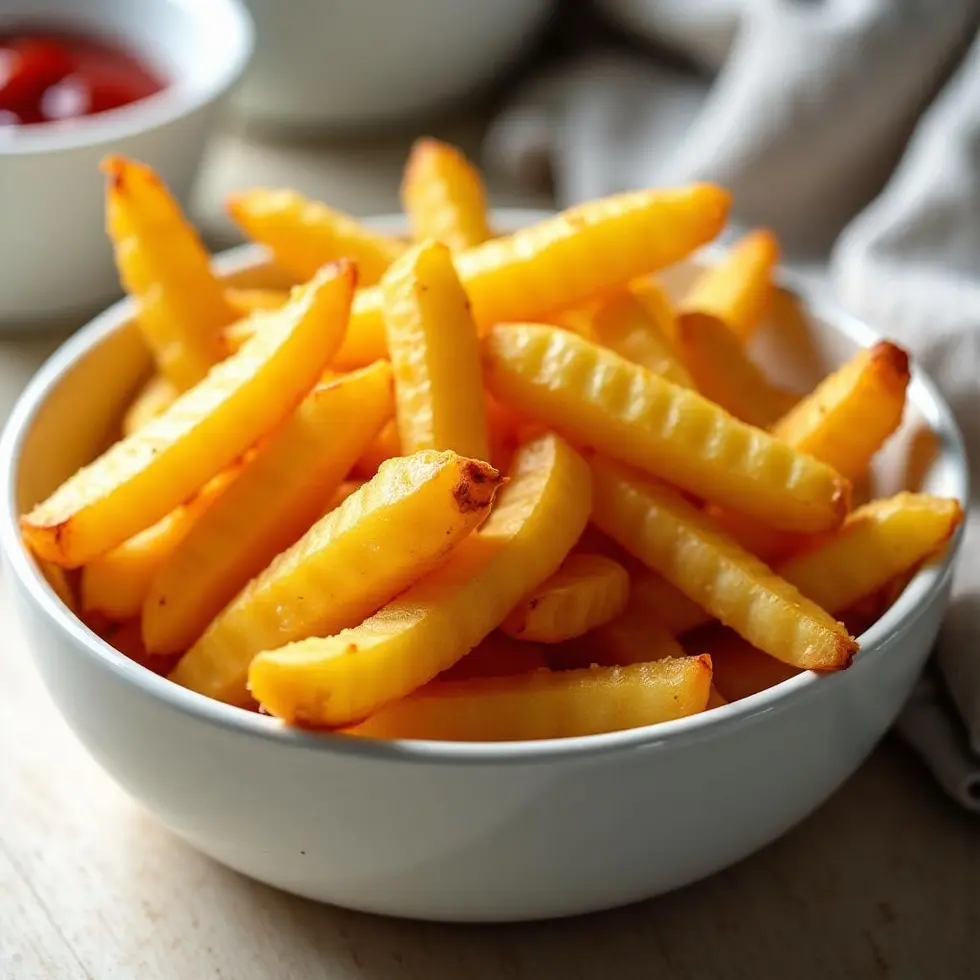 Golden brown air fryer french fries in a white bowl showing crispy edges and fluffy interior — air fryer fresh french fries