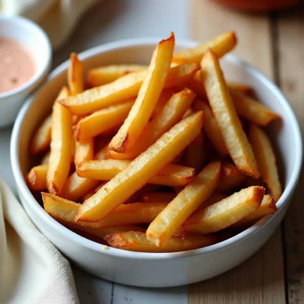 Crispy fries served with creamy fry sauce in a small white ramekin for dipping