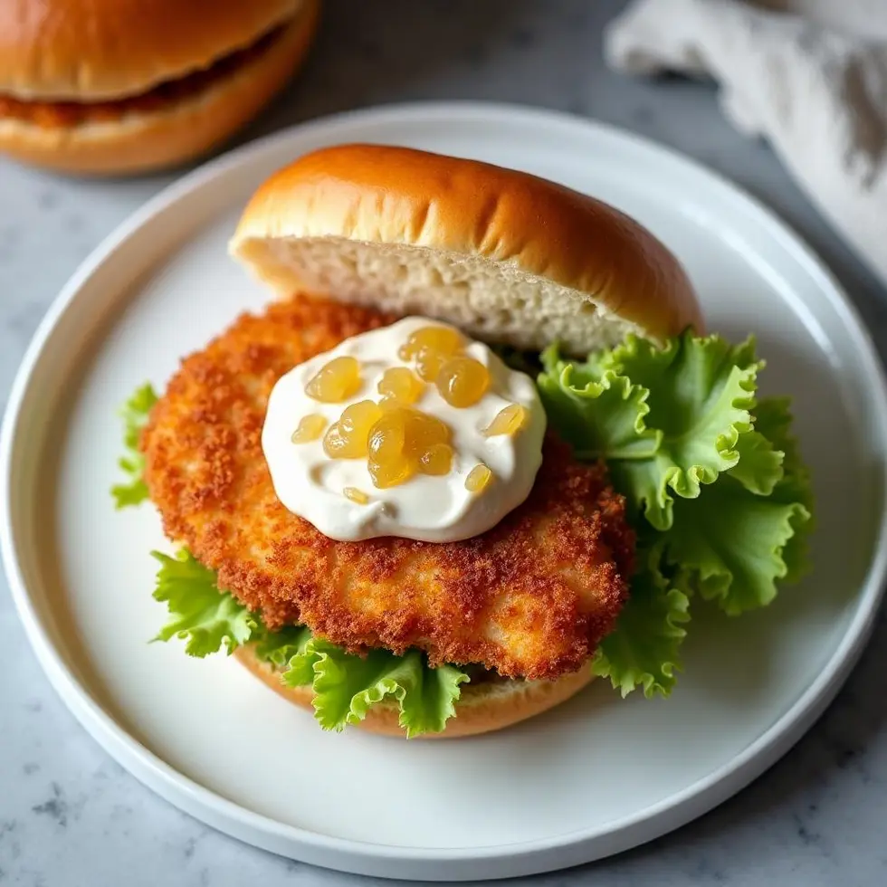 Open-face crispy fish fillet on a bun showing flaky interior with tartar sauce drizzled on top