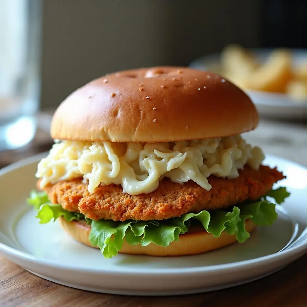Golden crispy fish sandwich on a toasted bun with tartar sauce and lettuce on a white plate — air fryer frozen fish