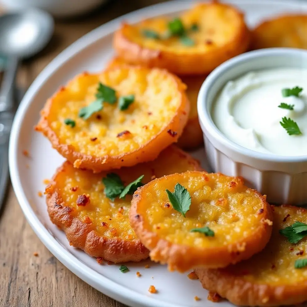 Crispy smashed potatoes served with a small bowl of sour cream for dipping