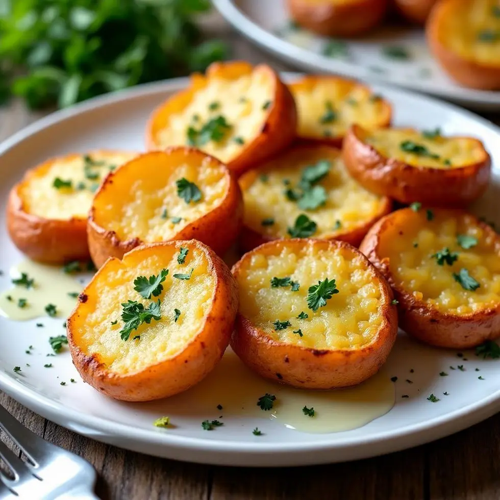 Golden crispy smashed potatoes with parsley and Parmesan on a white plate