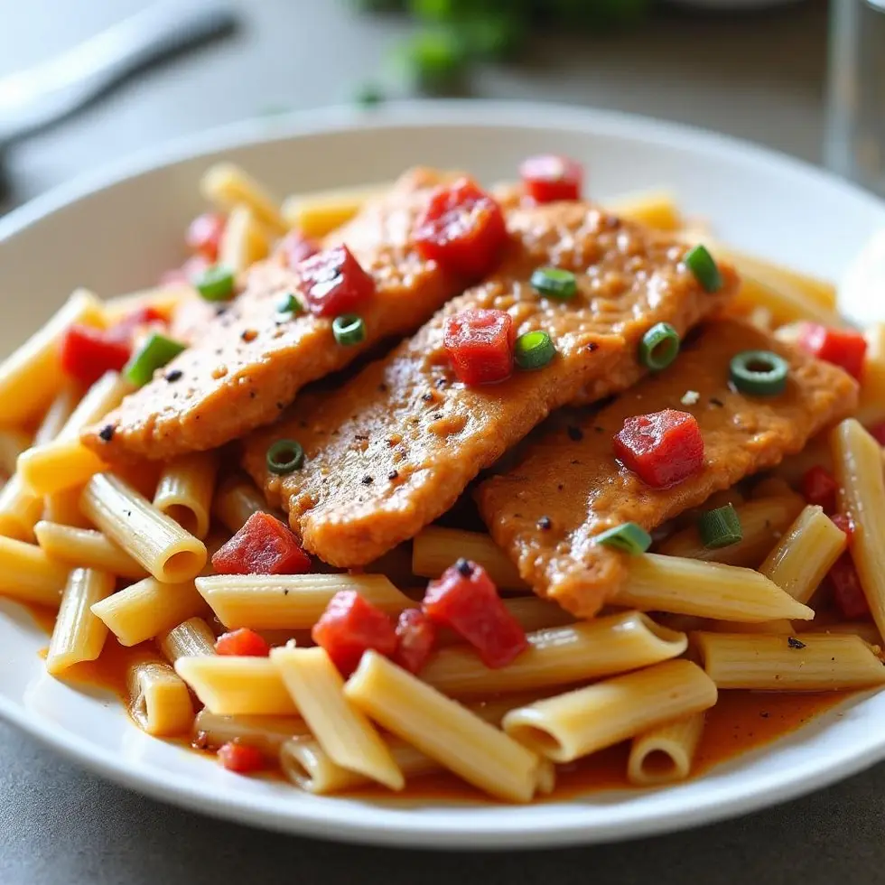 Cajun chicken pasta in a white bowl with blackened strips, creamy sauce and diced tomatoes coating penne — cajun chicken pasta chili's copycat